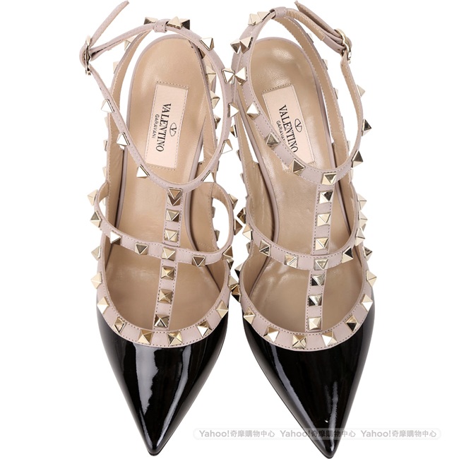 VALENTINO Rockstud 鉚釘漆皮繫帶高跟鞋(黑色)