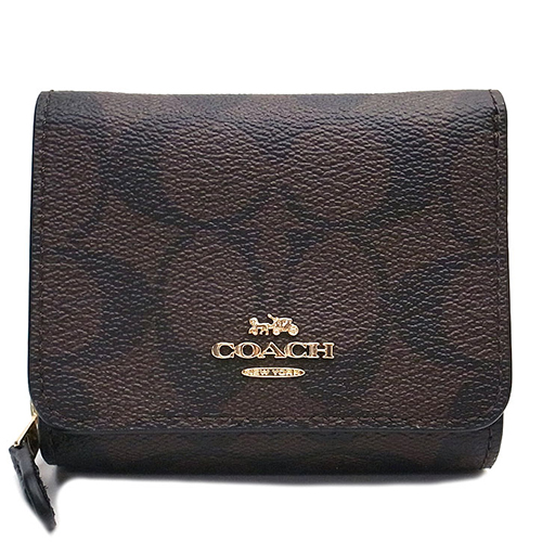 COACH 經典馬車大C皮革 釦式三摺短夾 零錢袋 深棕色