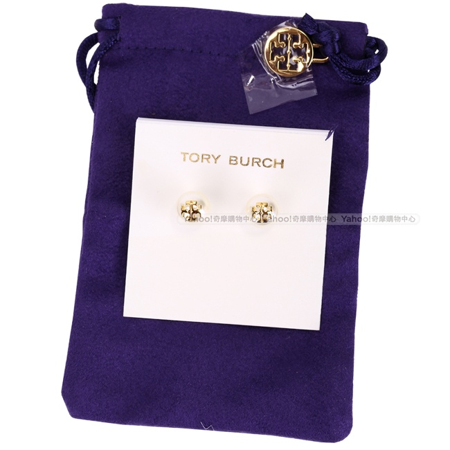 TORY BURCH Crystal-Pearl 施華洛世奇水晶珍珠穿釦式耳環(米白x金)