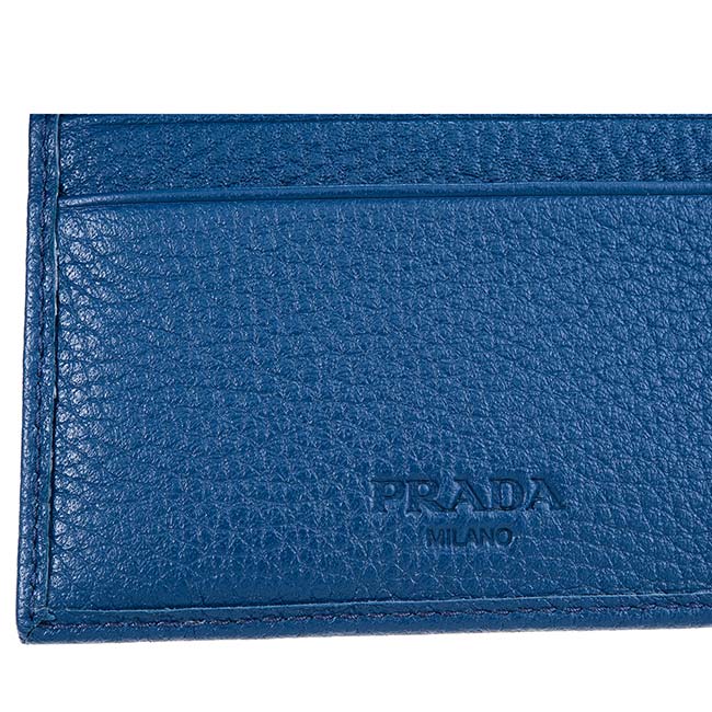 PRADA SAFFIANO METAL系列金屬LOGO荔枝牛皮對折零錢短夾 (藍色)