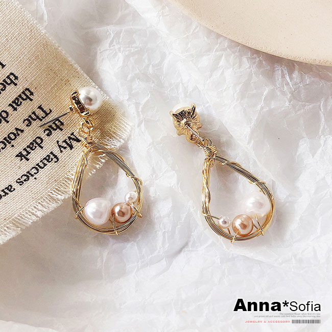 【3件5折】AnnaSofia 纏繞水滴絲線珠彩 純手工耳針耳環(金系)