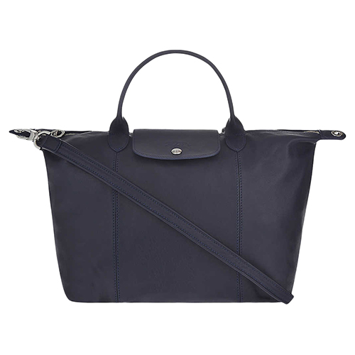 Longchamp 小羊皮系列 Pliage Cuir 手提/側背包(中) 海軍藍