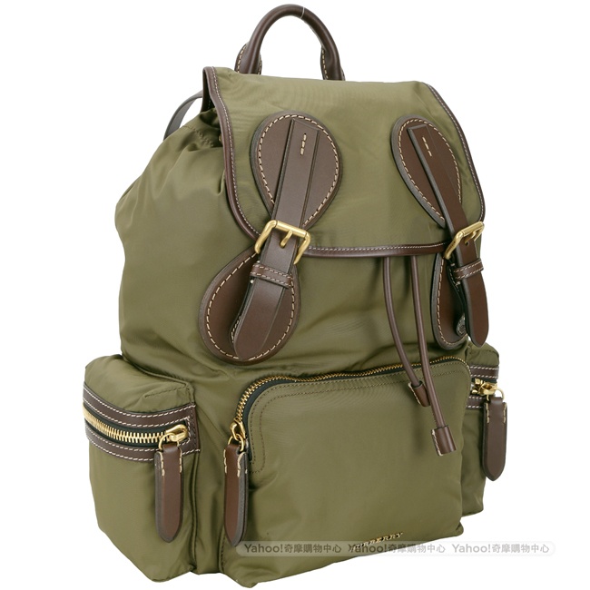 BURBERRY The Rucksack 大型科技尼龍拼接明線皮革軍旅後背包(綠)