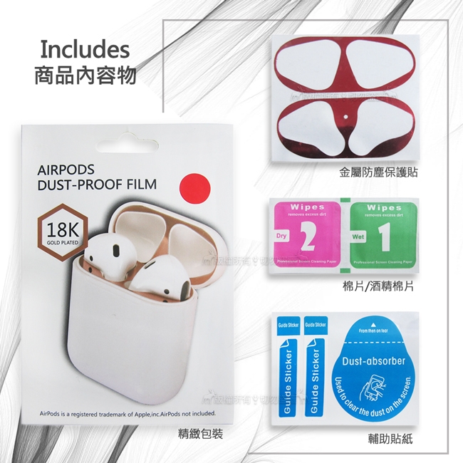 AirPods 1/2代通用款 金屬色防塵保護貼 耳機盒黑點防塵貼(2片入)