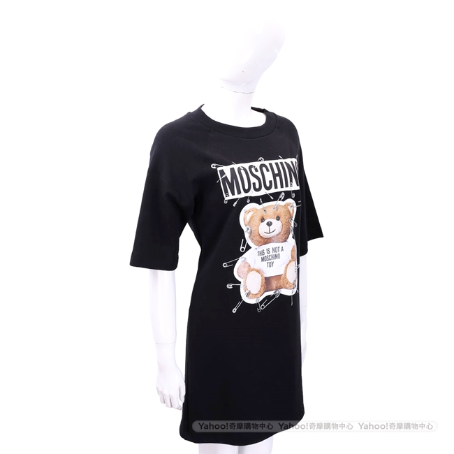 MOSCHINO 別針泰迪熊印花黑色短袖連身裙