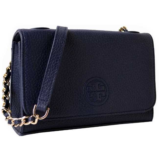 TORY BURCH BOMBE 縫線LOGO荔枝紋掀蓋式金屬鍊帶斜背包-藍(mini)