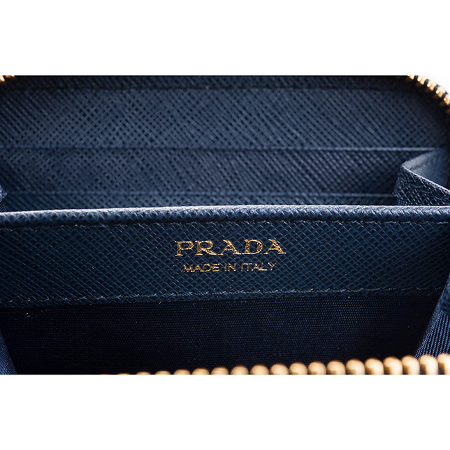 PRADA 經典Saffiano 金字LOGO十字紋牛皮拉鍊零錢包 (深藍)