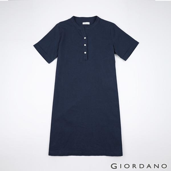 GIORDANO 女裝自然棉麻系列亨利領短袖連身裙-66 標誌海軍藍