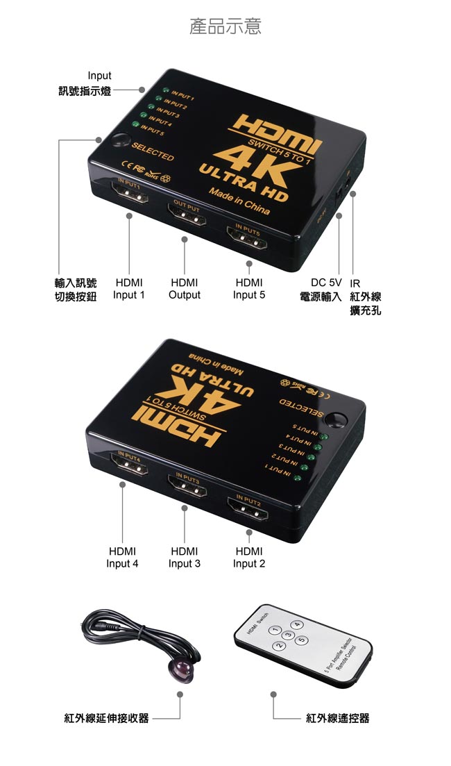 伽利略 HDMI 1.4b 4K2K 影音切換器 5進1出 + 遙控器