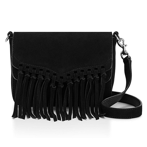 REBECCA MINKOFF Rapture 黑色銀黑鍊編織流蘇真皮側肩包/斜背包