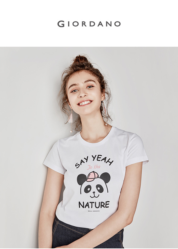 GIORDANO 女裝可愛熊貓短袖印花T恤-01 標誌白