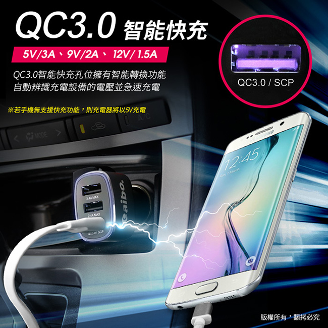 aibo AQ12 QC3.0快充3孔車用急速USB充電器(USBx2+QC3.0x1)