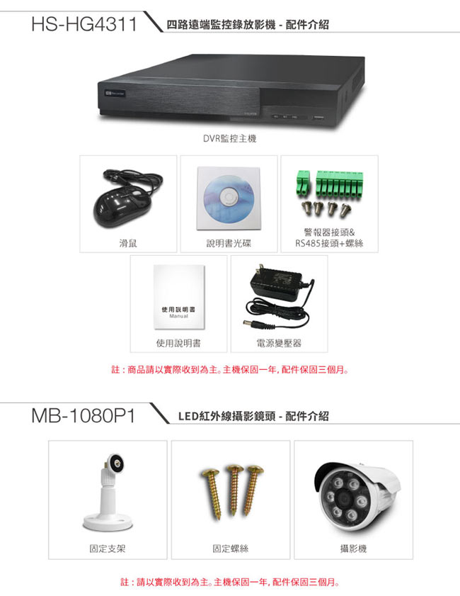 全視線 4路主機(HS-HG4311)+LED攝影機(MB-1080P1)x2顆 台灣製造