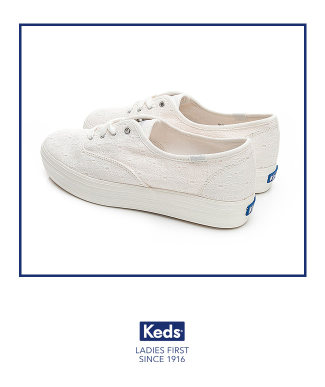 Keds TRIPLE 緹花厚底綁帶帆布鞋-白