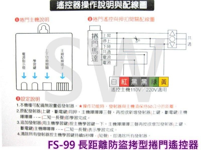 FS-99 電動鐵捲門遙控器 基本款可換各廠牌 鐵卷門搖控器 滾碼長距離 防盜拷防掃描