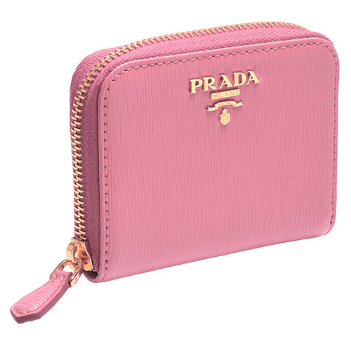 PRADA 經典金色浮雕LOGO水波直紋牛皮拉鍊卡夾/零錢包(粉)