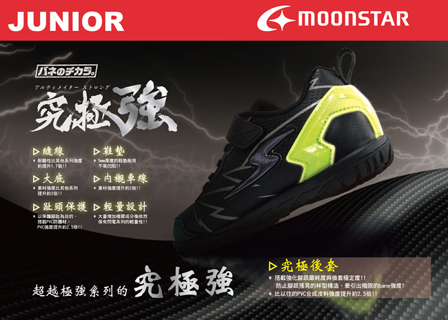 日本Moonstar機能童鞋耐久系列運動鞋 9286黑(中大童段)