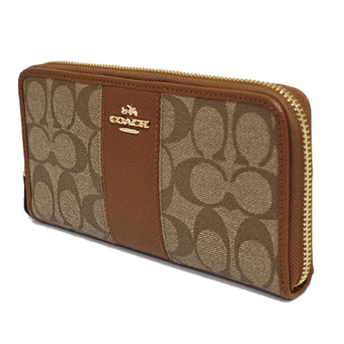 COACH 經典C LOGO 直紋ㄇ型拉鍊長夾(焦糖)
