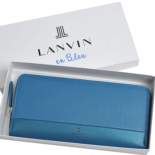 LANVIN en Bleu 品牌經典LOGO圖騰防刮牛皮拉鍊機能長夾(藍色系)