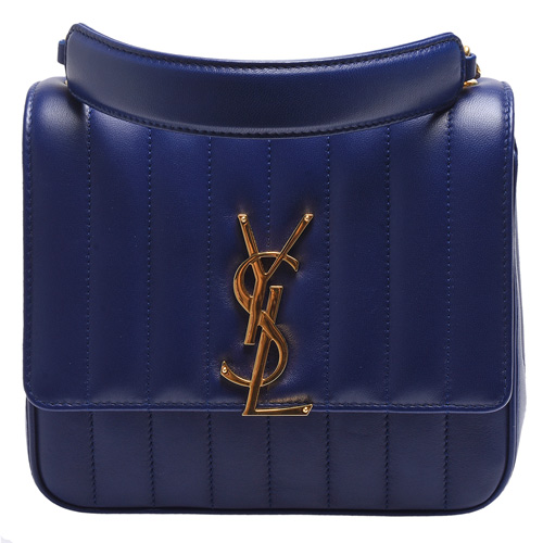 YSL vicky matelassé系列品牌金屬LOGO絎縫小羊皮肩背/斜背包(中-藍)