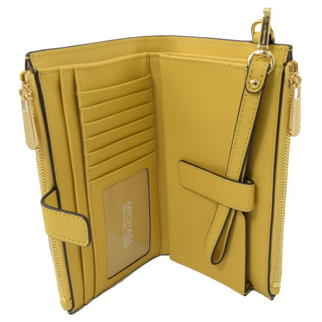 MICHAEL KORS Jet Set 防刮牛皮對開式雙拉鍊手掛中夾(黃)