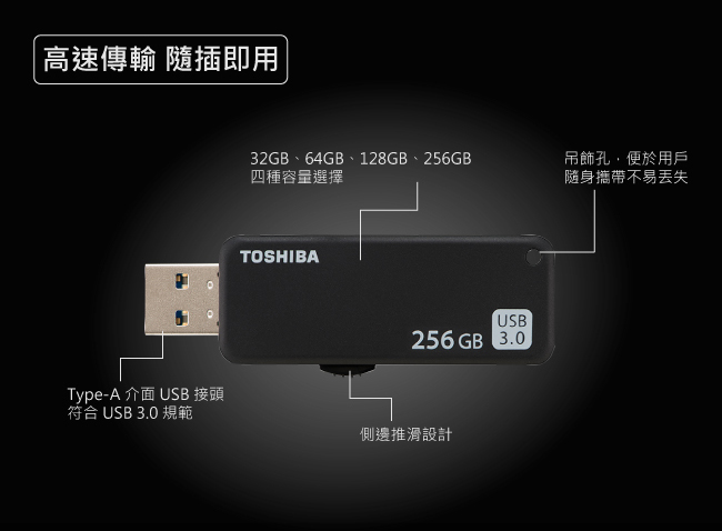 Toshiba U365 Yamabiko 256GB USB3.0 黑色隨身碟