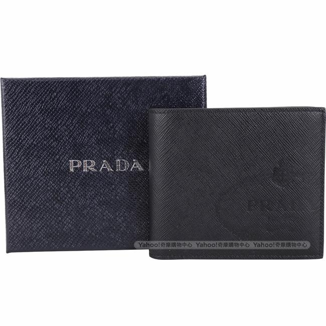 PRADA Saffiano 家徽烙印防刮牛皮八卡對折短夾(黑色)