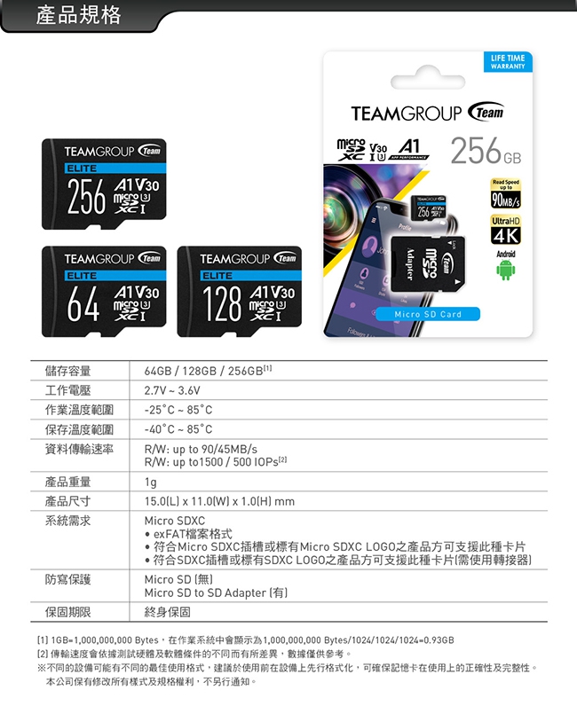 TEAM十銓UHS-I U3 ELITE A1 MicroSDXC 128G記憶卡(附轉卡