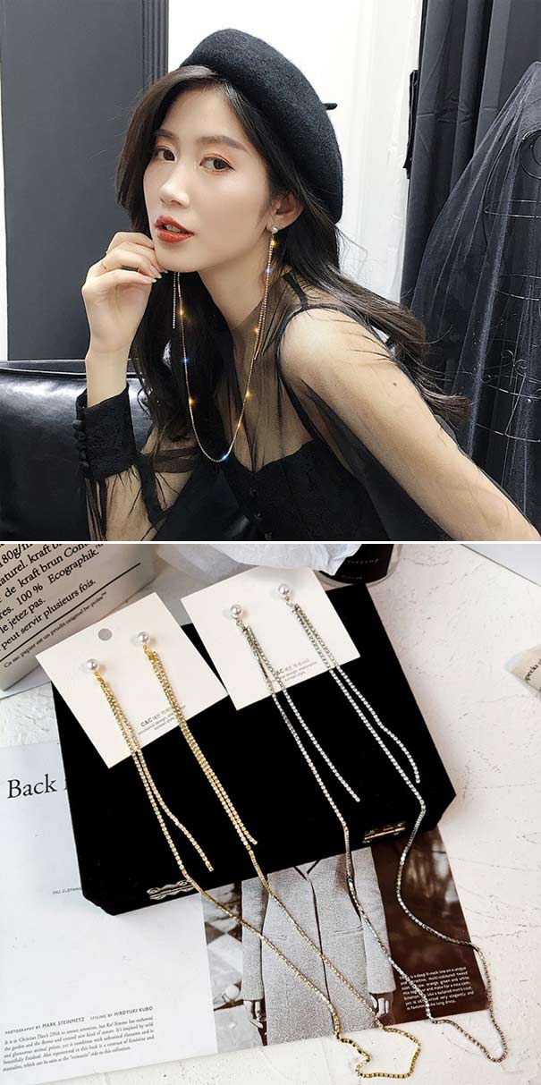梨花HaNA 最新設計韓國閃鑽珍珠耳環一體式項鍊顯臉瘦