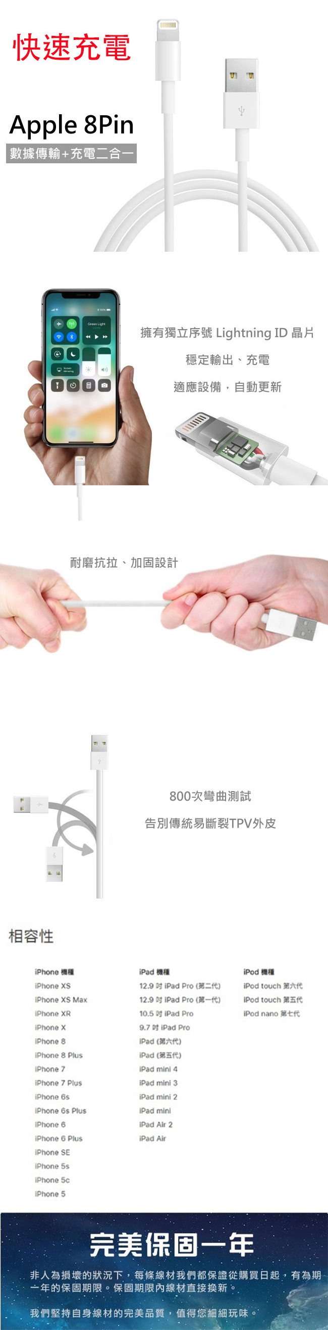 Apple iPhone 7/8系列 Lightning 超急速快充傳輸線(1M/2入）