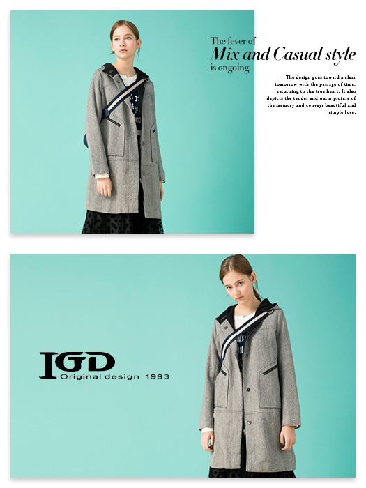 IGD英格麗 高比例保暖羊毛扣帶連帽軍大衣-深灰