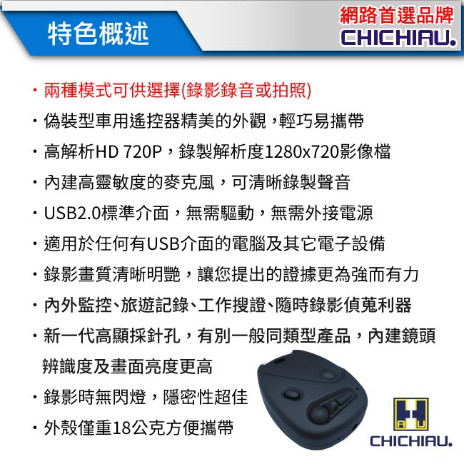 【CHICHIAU】720P 遙控器造型微型針孔攝影機