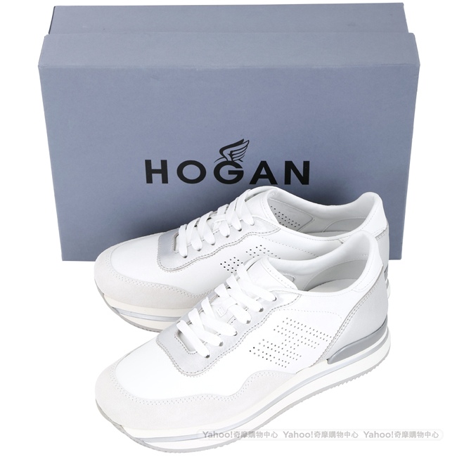 HOGAN H222 穿孔皮革拼接厚底繫帶休閒鞋(銀白)