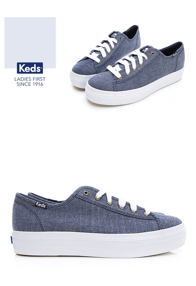 Keds TRIPLE KICK 輕薄厚底帆布鞋-藍色