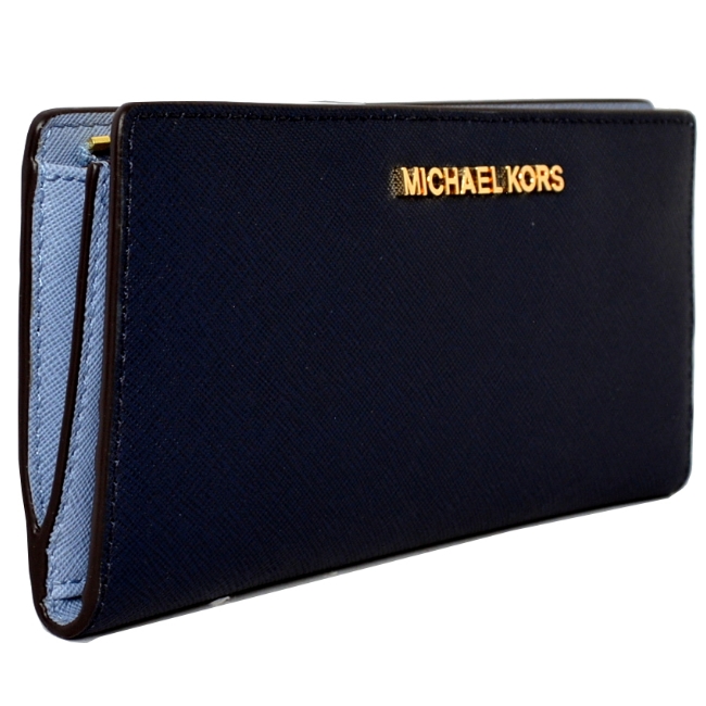 MICHAEL KORS JET SET TRAVEL金字LOGO素面防刮皮對開式長夾-藍