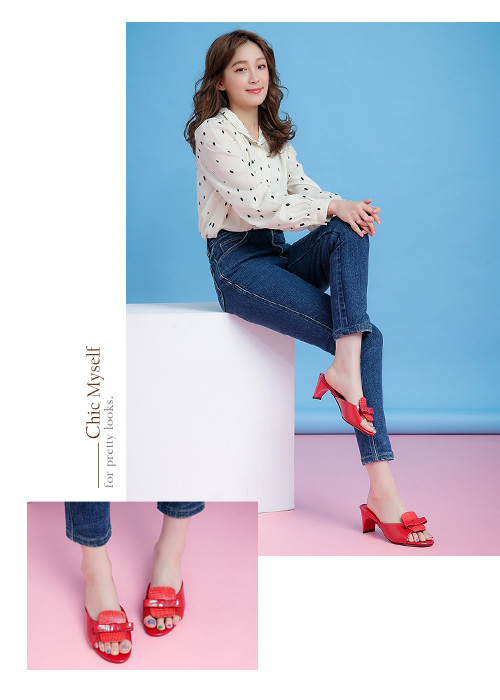 TAS蝴蝶結拼接石紋造型後跟涼拖鞋-艷麗紅