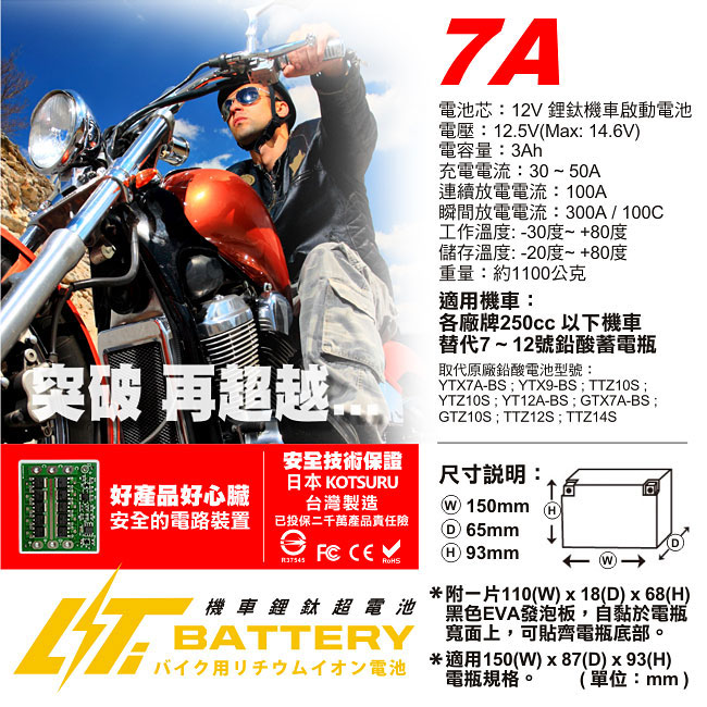 【日本KOTSURU】 8馬赫 機車鋰鈦超電池 (7A)