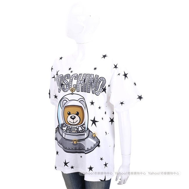 MOSCHINO 太空熊星星圖案白色棉質長版短袖T恤