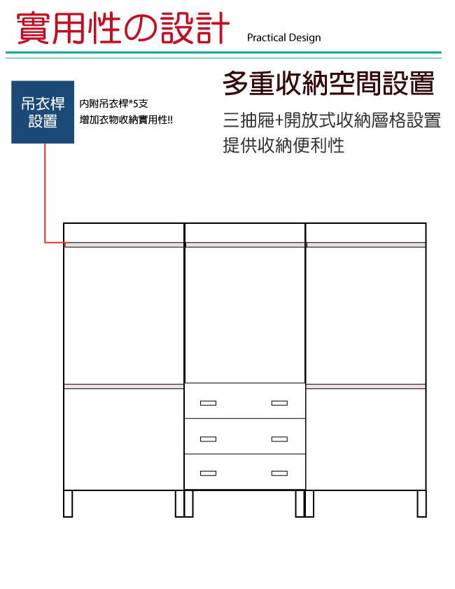 文創集 波可8尺衣櫃/收納櫃組合(吊衣桿＋抽屜)-240.3x59.1x199.6cm免組