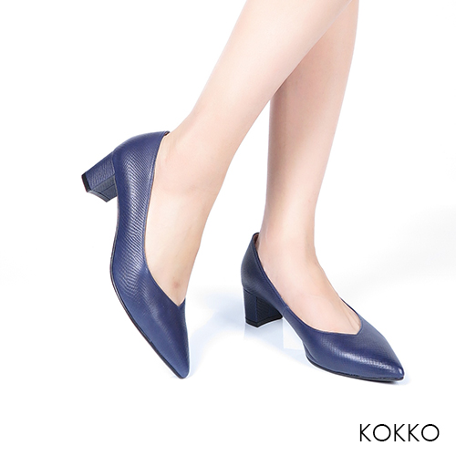 KOKKO - 愛的呢喃粗跟尖頭高跟鞋-沉靜藍