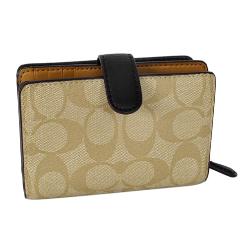 COACH淺卡C Logo撞色真皮前卡夾釦式雙摺中夾