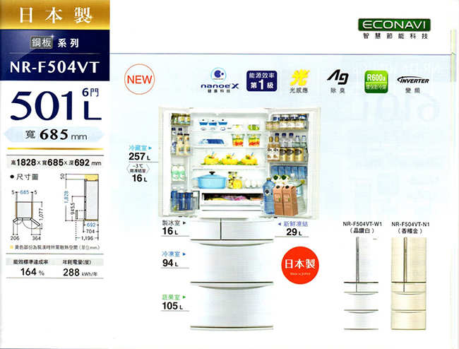 Panasonic國際牌 501L 1級變頻6門電冰箱 NR-F504VT