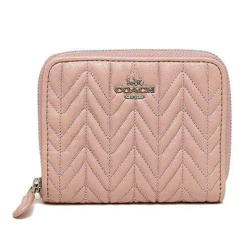 COACH 經典馬車LOGO素面皺褶V字壓紋皮革拉鍊短夾 粉色