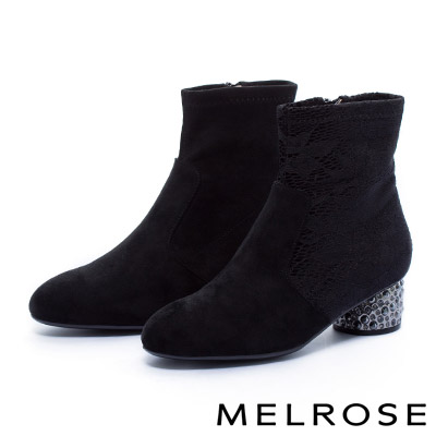 短靴 MELROSE 優雅極簡純色彈力布鑲鑽粗高跟短靴－黑