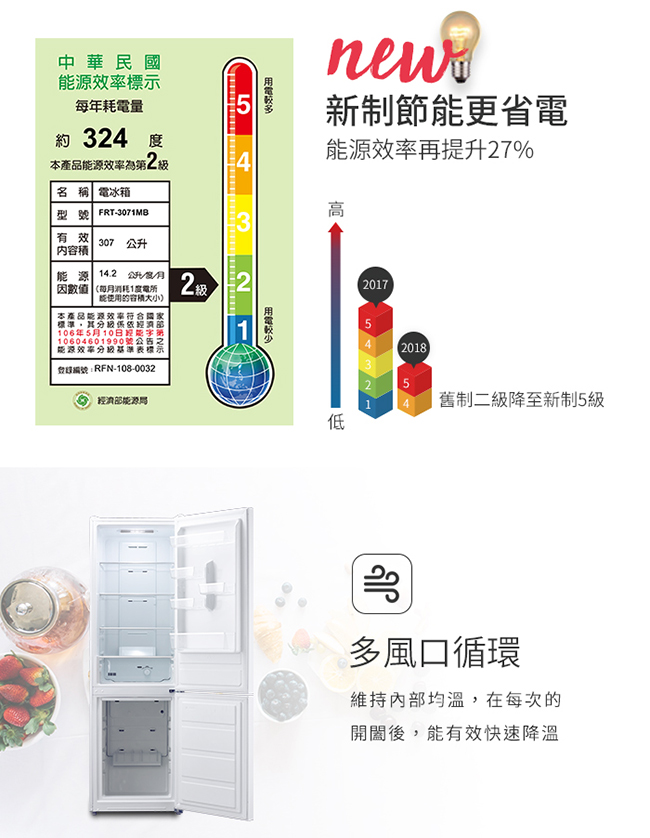 Frigidaire富及第 307L 2級定頻2門電冰箱 FRT-3071MB 鏡面白 贈除濕機