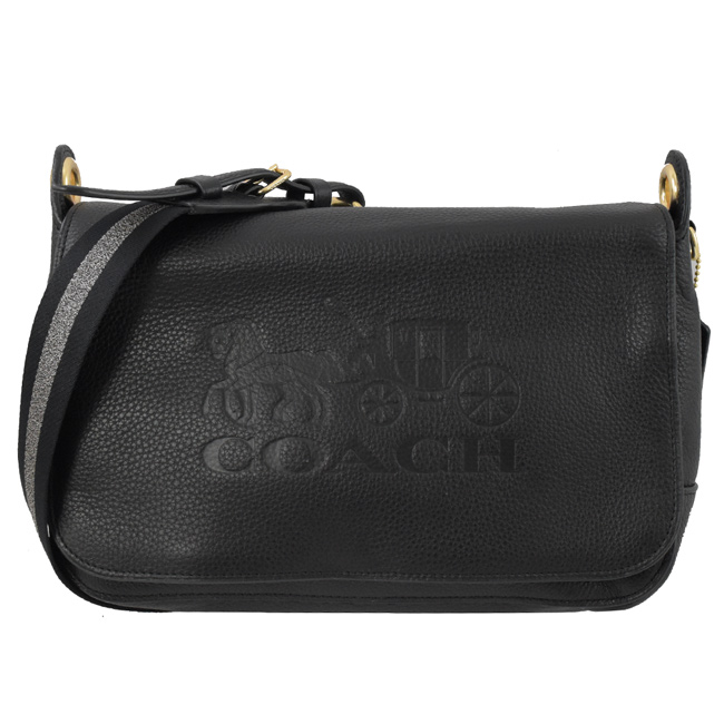 COACH 復古烙印大馬車LOGO牛皮翻蓋斜背包(黑/大)