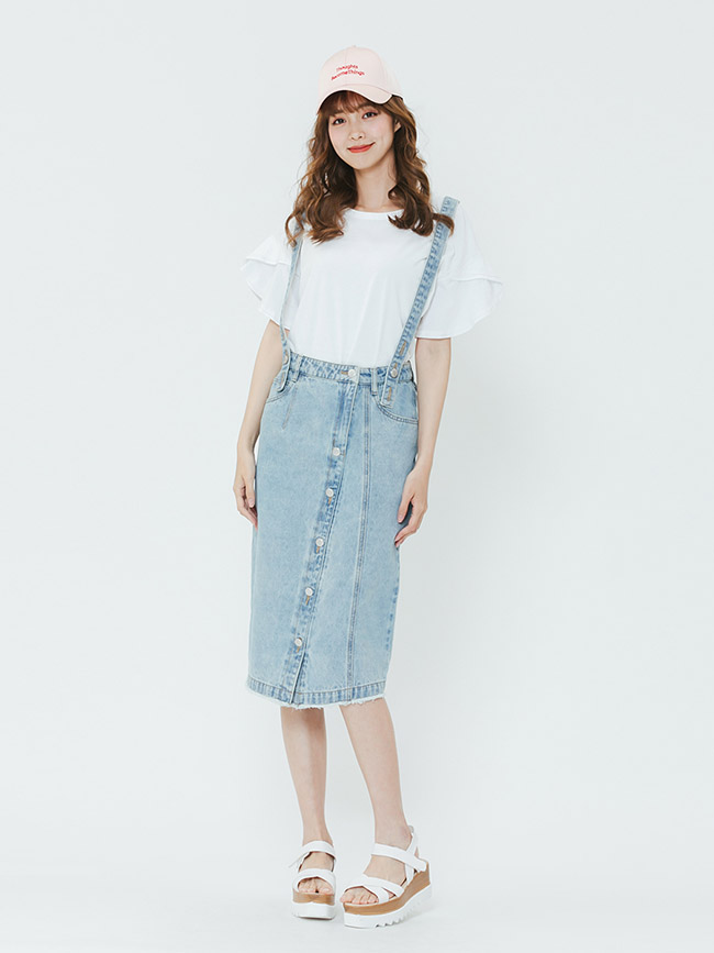 H:CONNECT 韓國品牌 女裝-排扣牛仔吊帶中長裙-藍