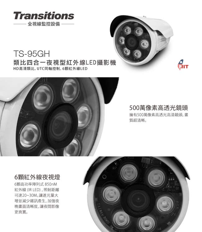 全視線 TS-95GH 類比四合一夜視型紅外線LED攝影機
