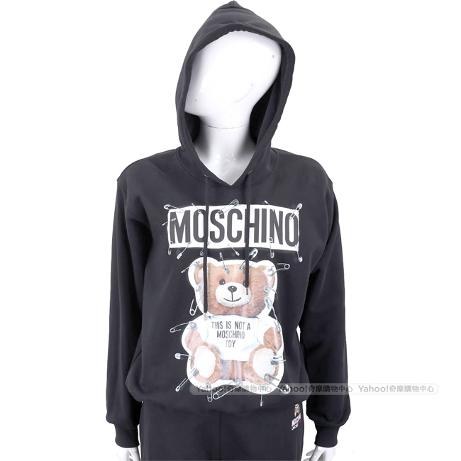 MOSCHINO 別針泰迪熊印花黑色連帽運動衫