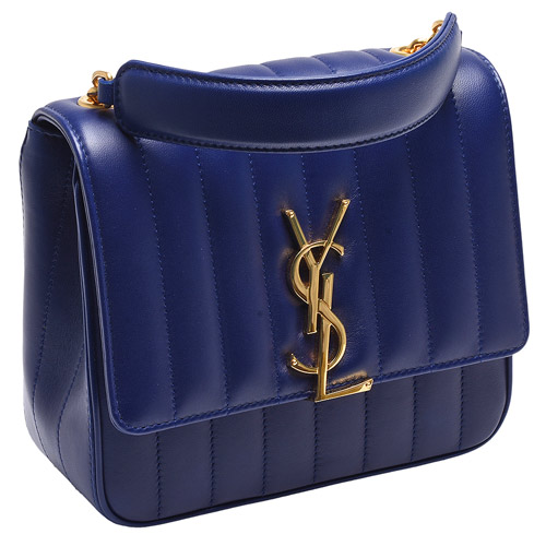 YSL vicky matelassé系列品牌金屬LOGO絎縫小羊皮肩背/斜背包(中-藍)